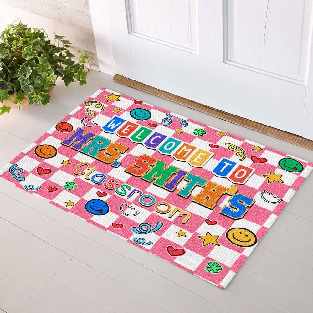 image:imageClassroom Welcome Doormat Custom Class Mat Classroom Door Mat Cute Composition Notebook Classroom Mat Doormat Clasroom Decor for Indoor Outdooor Teacher GiftsSmiley Face Pink