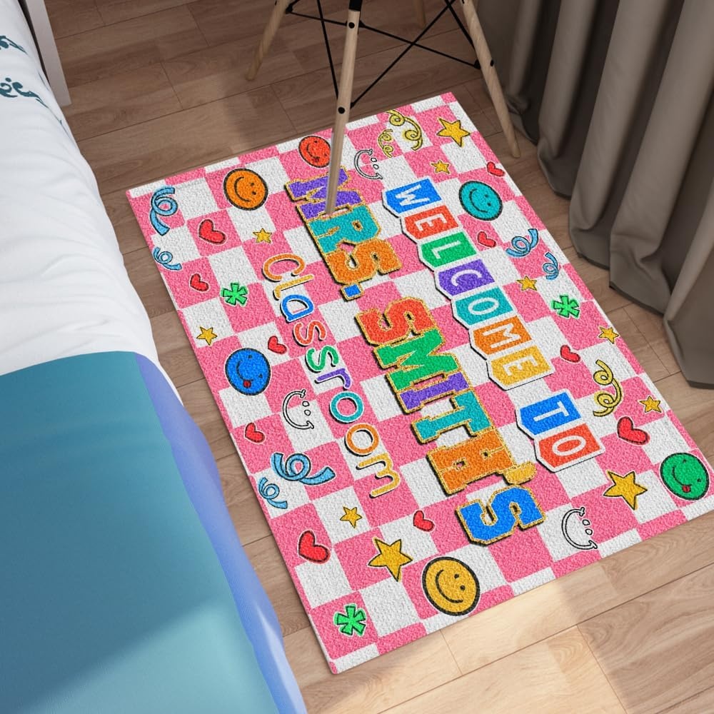 image:imageClassroom Welcome Doormat Custom Class Mat Classroom Door Mat Cute Composition Notebook Classroom Mat Doormat Clasroom Decor for Indoor Outdooor Teacher GiftsSmiley Face Pink