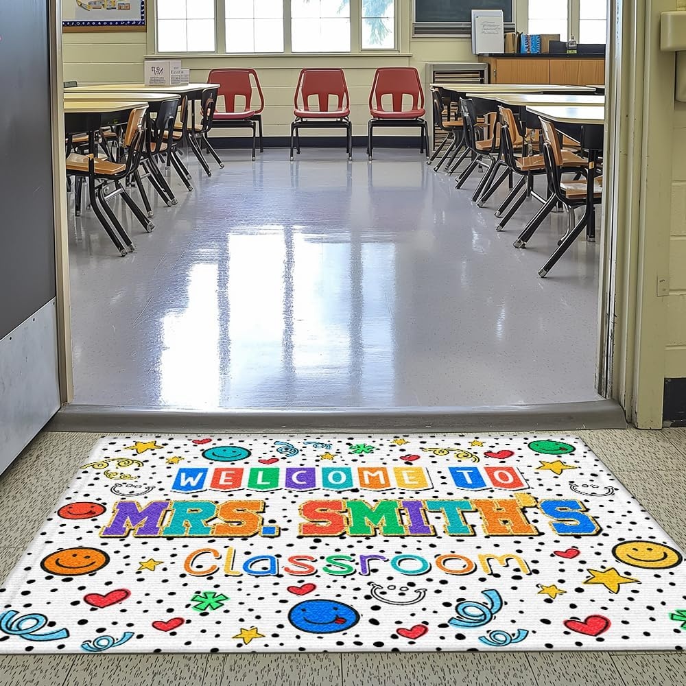 image:imageClassroom Welcome Doormat Custom Class Mat Classroom Door Mat Cute Composition Notebook Classroom Mat Doormat Clasroom Decor for Indoor Outdooor Teacher GiftsSmiley Face White