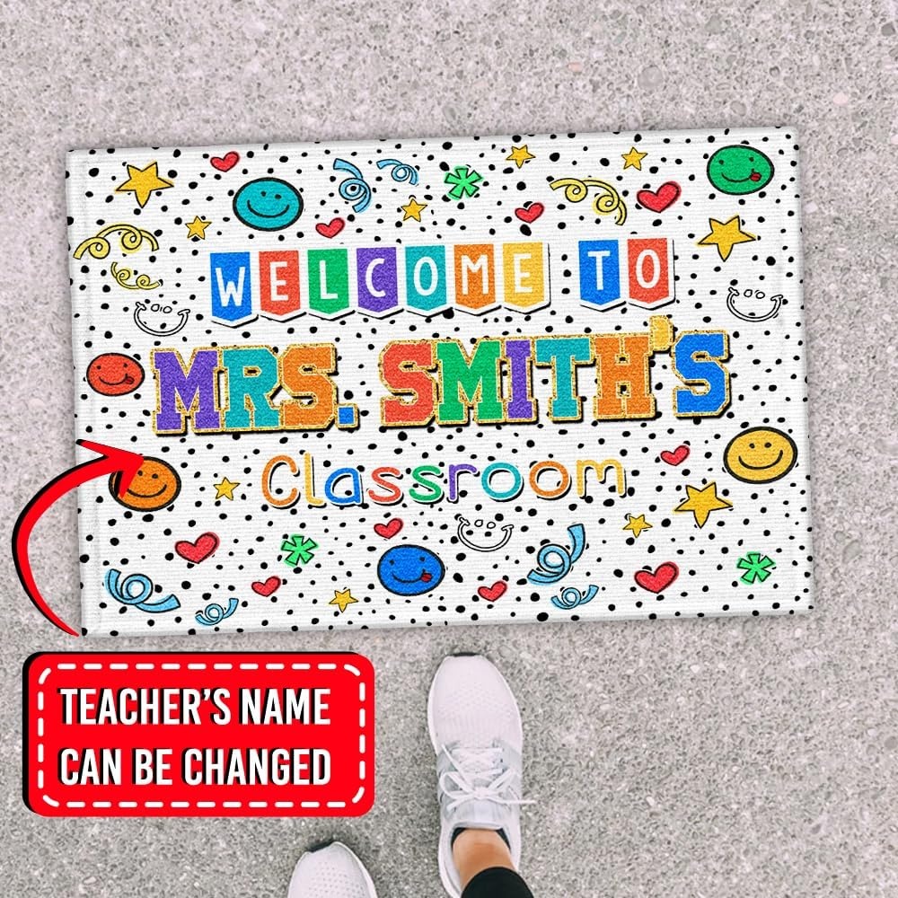 image:imageClassroom Welcome Doormat Custom Class Mat Classroom Door Mat Cute Composition Notebook Classroom Mat Doormat Clasroom Decor for Indoor Outdooor Teacher GiftsSmiley Face White