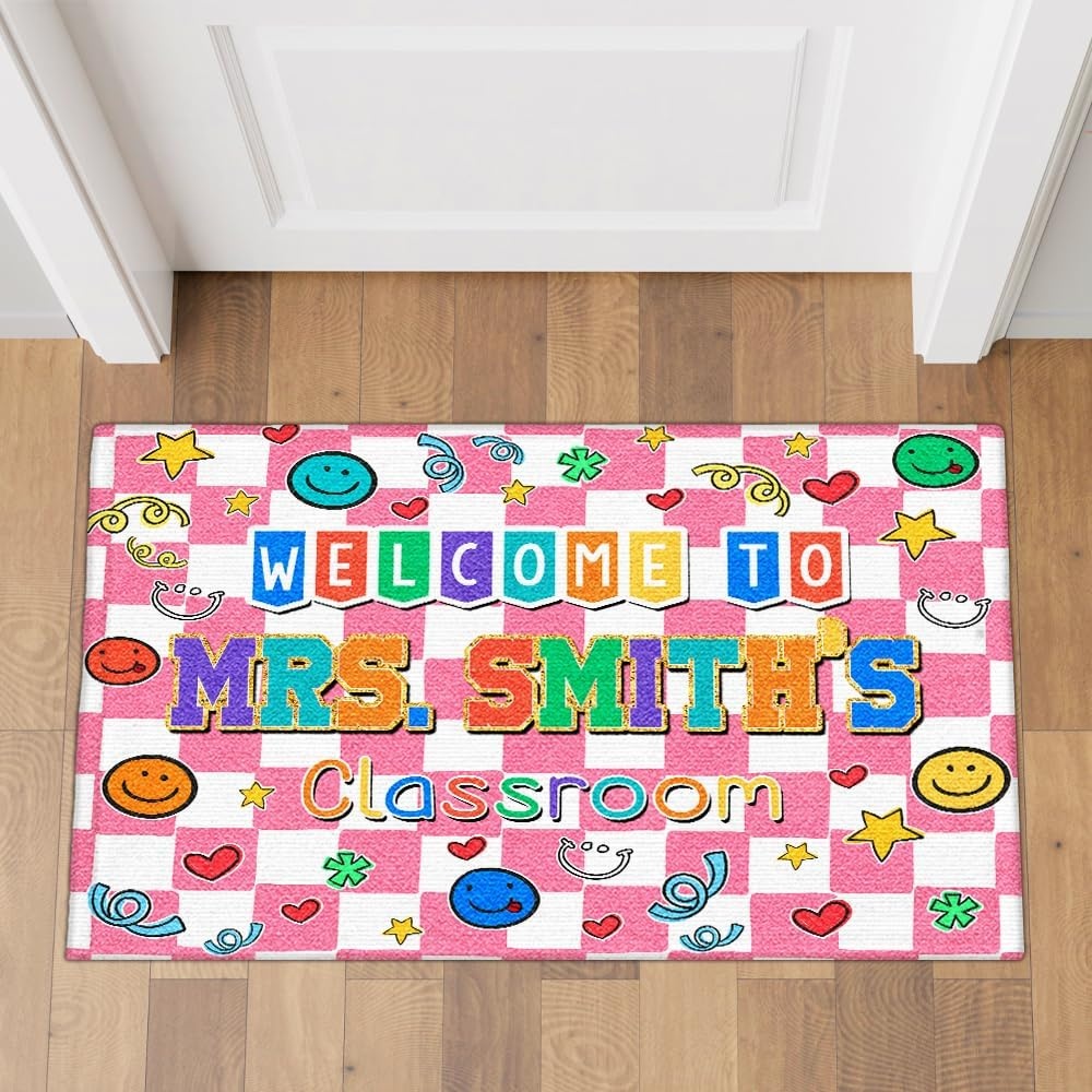 image:imageClassroom Welcome Doormat Custom Class Mat Classroom Door Mat Cute Composition Notebook Classroom Mat Doormat Clasroom Decor for Indoor Outdooor Teacher GiftsSmiley Face Pink