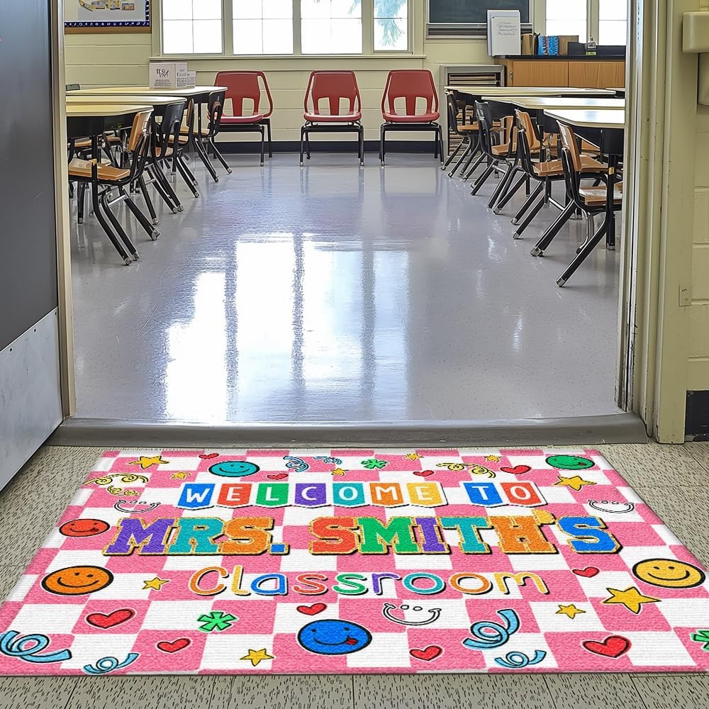 image:imageClassroom Welcome Doormat Custom Class Mat Classroom Door Mat Cute Composition Notebook Classroom Mat Doormat Clasroom Decor for Indoor Outdooor Teacher GiftsSmiley Face Pink