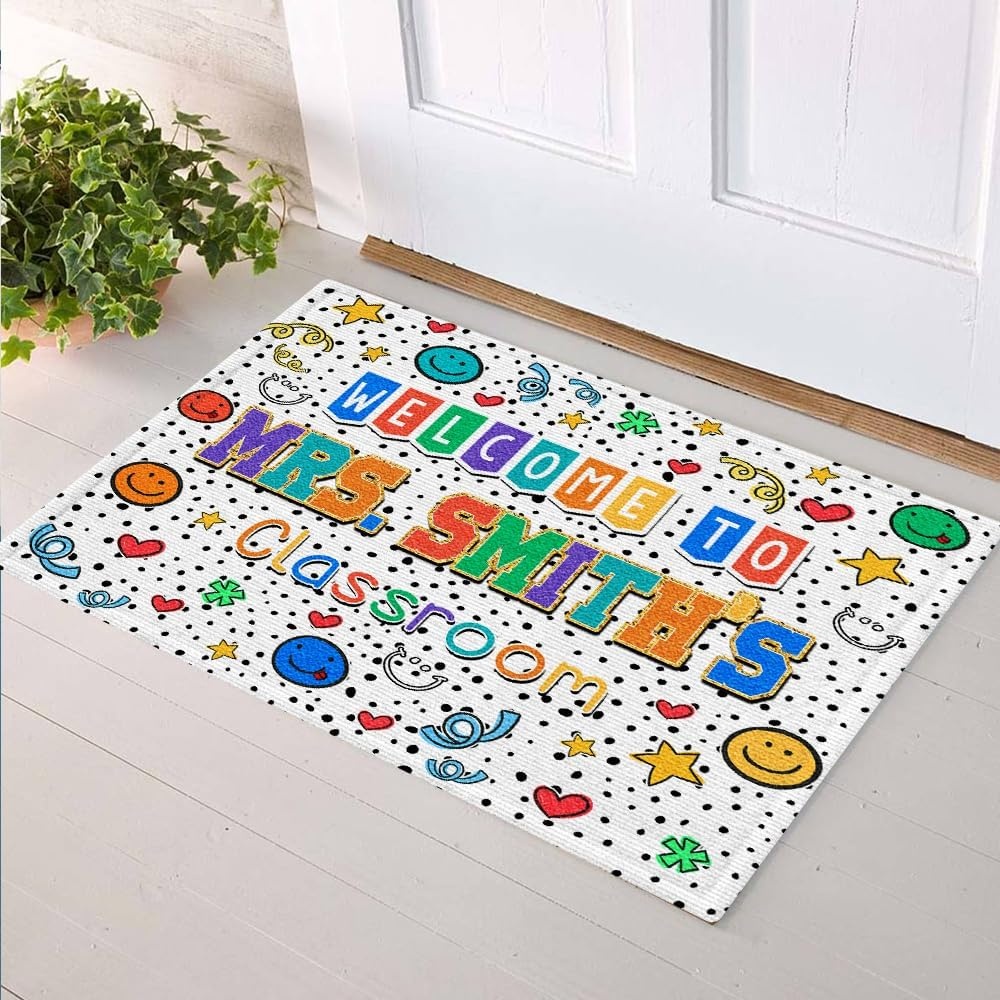 image:imageClassroom Welcome Doormat Custom Class Mat Classroom Door Mat Cute Composition Notebook Classroom Mat Doormat Clasroom Decor for Indoor Outdooor Teacher GiftsSmiley Face White