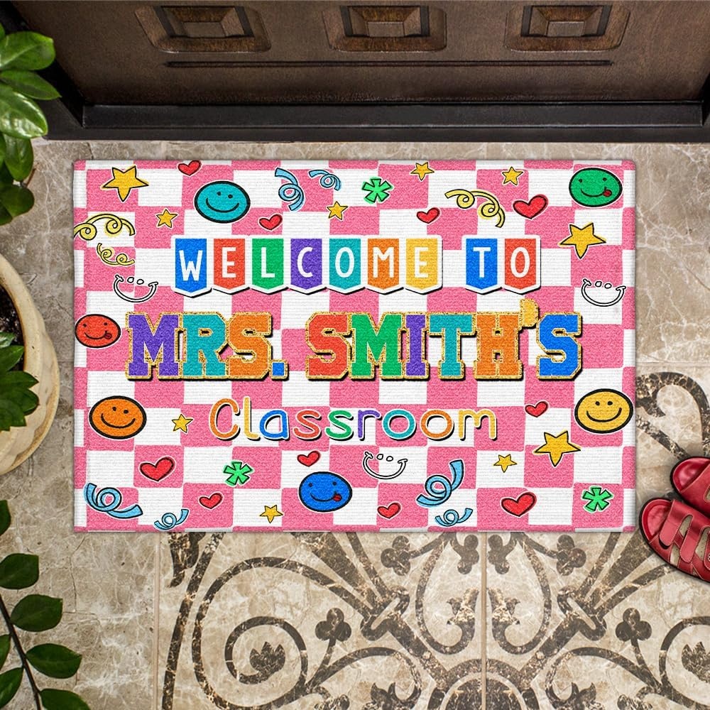 image:imageClassroom Welcome Doormat Custom Class Mat Classroom Door Mat Cute Composition Notebook Classroom Mat Doormat Clasroom Decor for Indoor Outdooor Teacher GiftsSmiley Face Pink