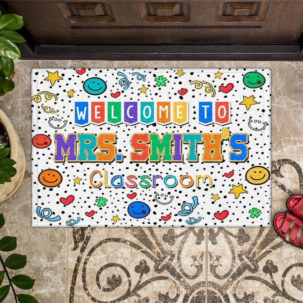 image:imageClassroom Welcome Doormat Custom Class Mat Classroom Door Mat Cute Composition Notebook Classroom Mat Doormat Clasroom Decor for Indoor Outdooor Teacher GiftsSmiley Face White