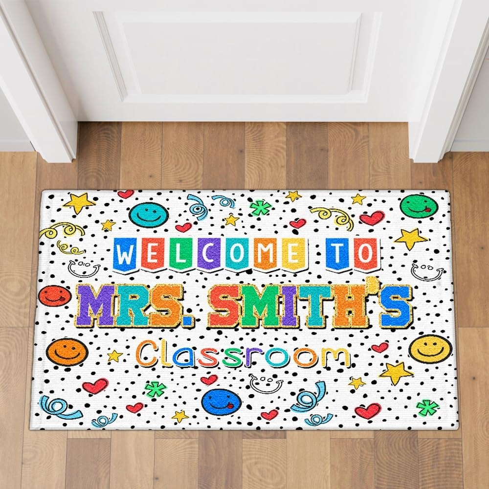 image:imageClassroom Welcome Doormat Custom Class Mat Classroom Door Mat Cute Composition Notebook Classroom Mat Doormat Clasroom Decor for Indoor Outdooor Teacher GiftsSmiley Face White
