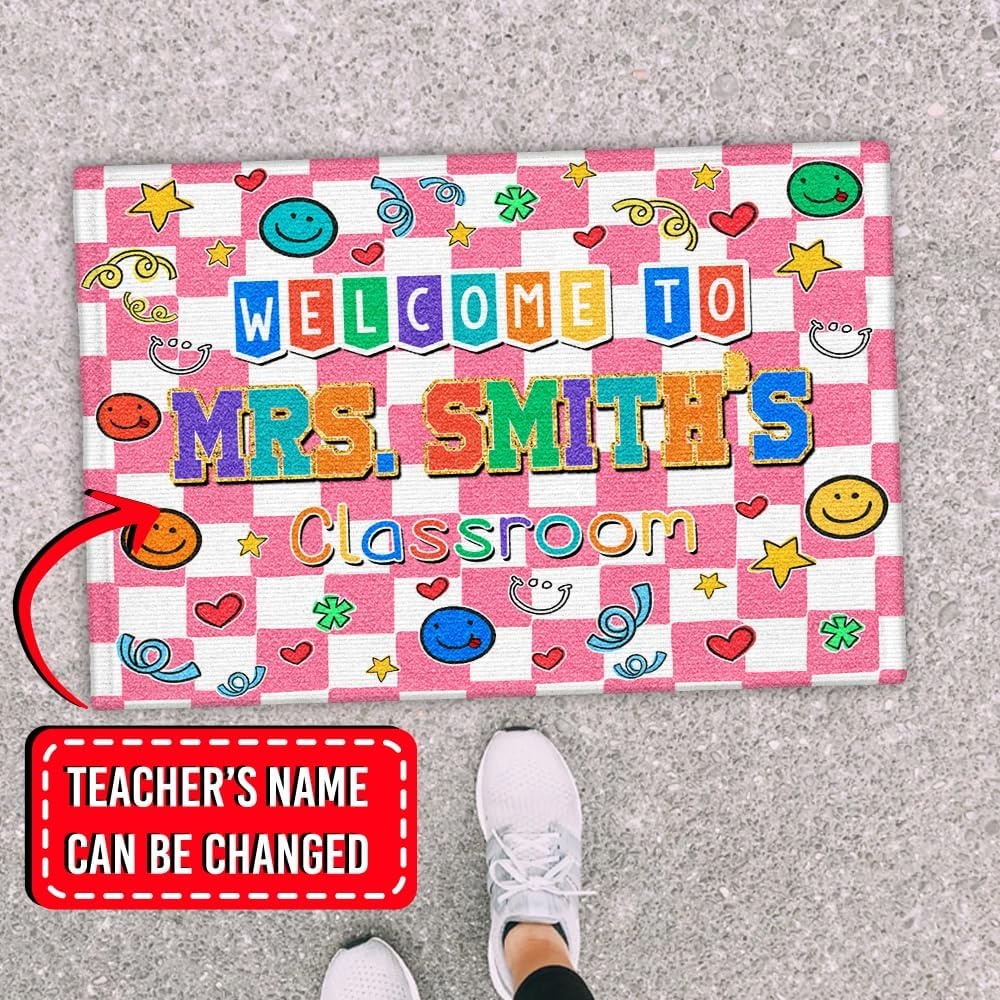 image:imageClassroom Welcome Doormat Custom Class Mat Classroom Door Mat Cute Composition Notebook Classroom Mat Doormat Clasroom Decor for Indoor Outdooor Teacher GiftsSmiley Face Pink