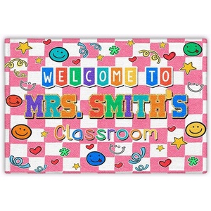 image:imageClassroom Welcome Doormat Custom Class Mat Classroom Door Mat Cute Composition Notebook Classroom Mat Doormat Clasroom Decor for Indoor Outdooor Teacher GiftsSmiley Face Pink