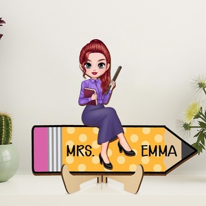image:imageTeacher Appreciaion Gift Personalized Teacher Wooden Plaque Doll Teacher Sitting On Pencil Sign Colorful Abc Alphabet Desk Sign Back To School Gifts For Teacher Women With Name Sign DOLL TEACHER